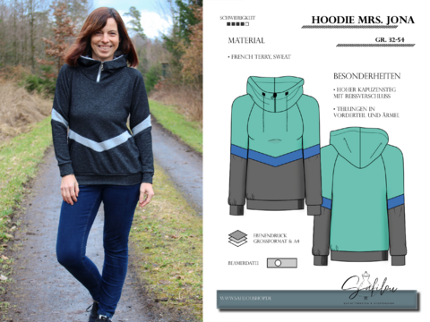 PDF Schnittmuster für einen Frauenhoodie  in den Größen 32-54