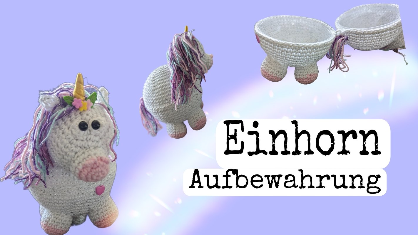 Weißes gehäkeltes Einhorn-Körbchen mit pastellfarbener Mähne in Vorder-, Seiten- und Innenansicht