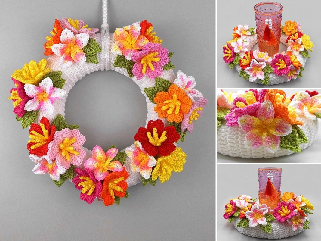 Colorful flower door wreath table wreath - simple from scraps of yarn