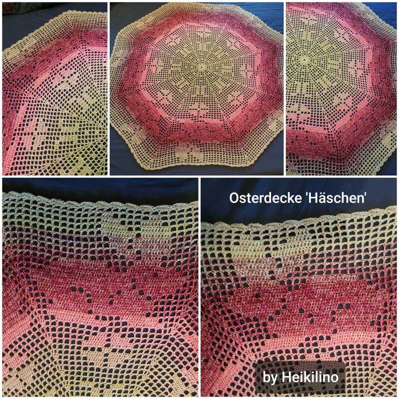 Achteckiges gehäkeltes Deckchen mit Hasenmotiv und Creme-Rosa Farbverlauf auf dunklem Untergrund