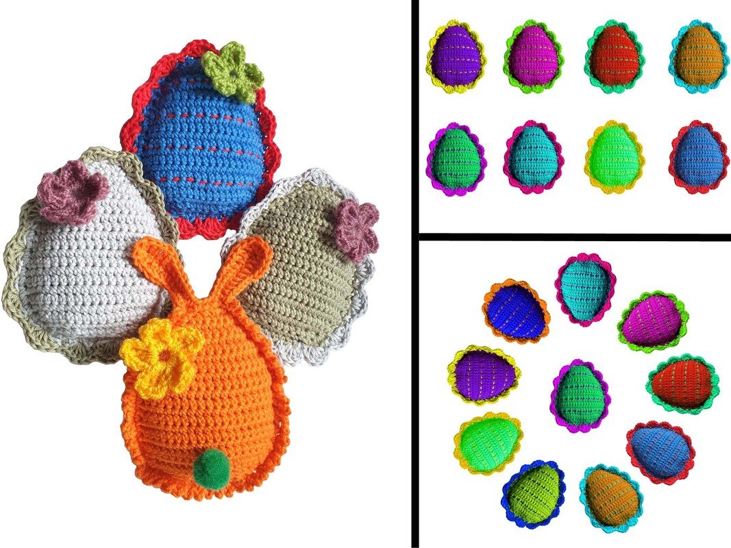 Handgehäkelte Ostereier mit gezacktem Rand und ein orangefarbener Häkelhase mit Blüte und Bommel vor hellem Hintergrund.