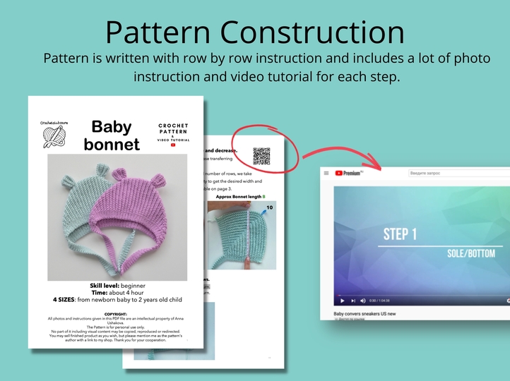 Crochet baby bonnet pattern, infant hat with ears, PDF pattern tutorial