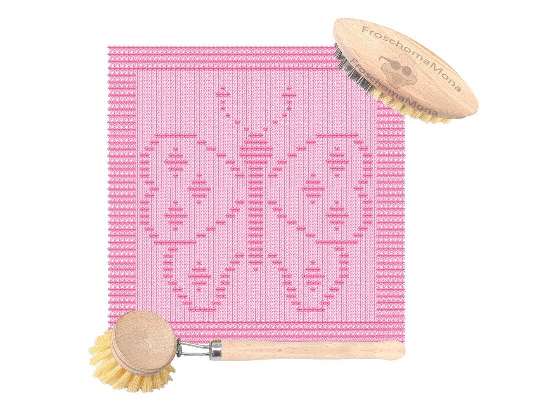 Quadratisches rosa Stricktuch mit eingestricktem Schmetterling und geripptem Rand