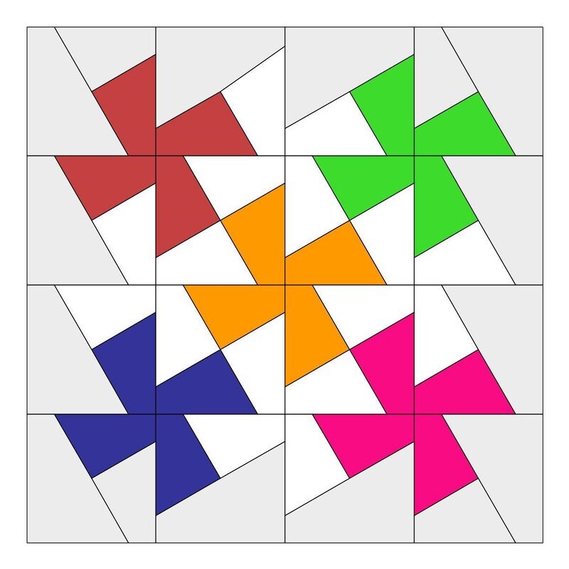 Eine 4x4-Anordnung von Quiltblöcken mit bunten, geometrischen Propeller-Mustern in Rot, Grün, Orange, Blau und Pink.