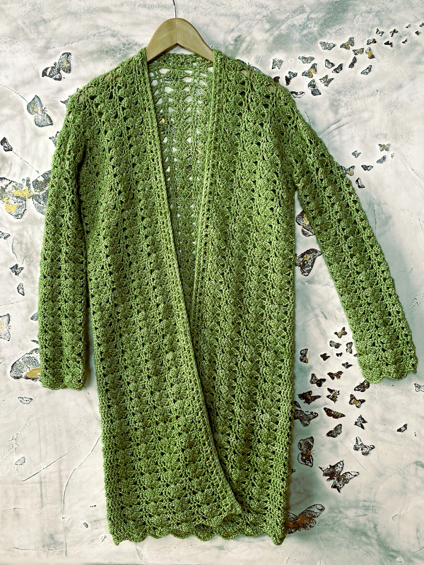 Green long crochet lace cardigan with scalloped hem hanging on a hanger