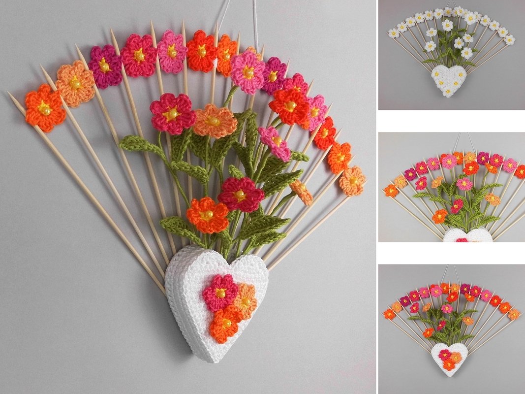 Blumenfächer mit Herz - für Tür &amp; Wand - einfach aus Wollresten