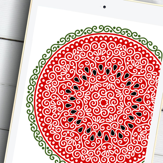 Watermelon Mandala red green print. Summer tropical fruit cut files svg png