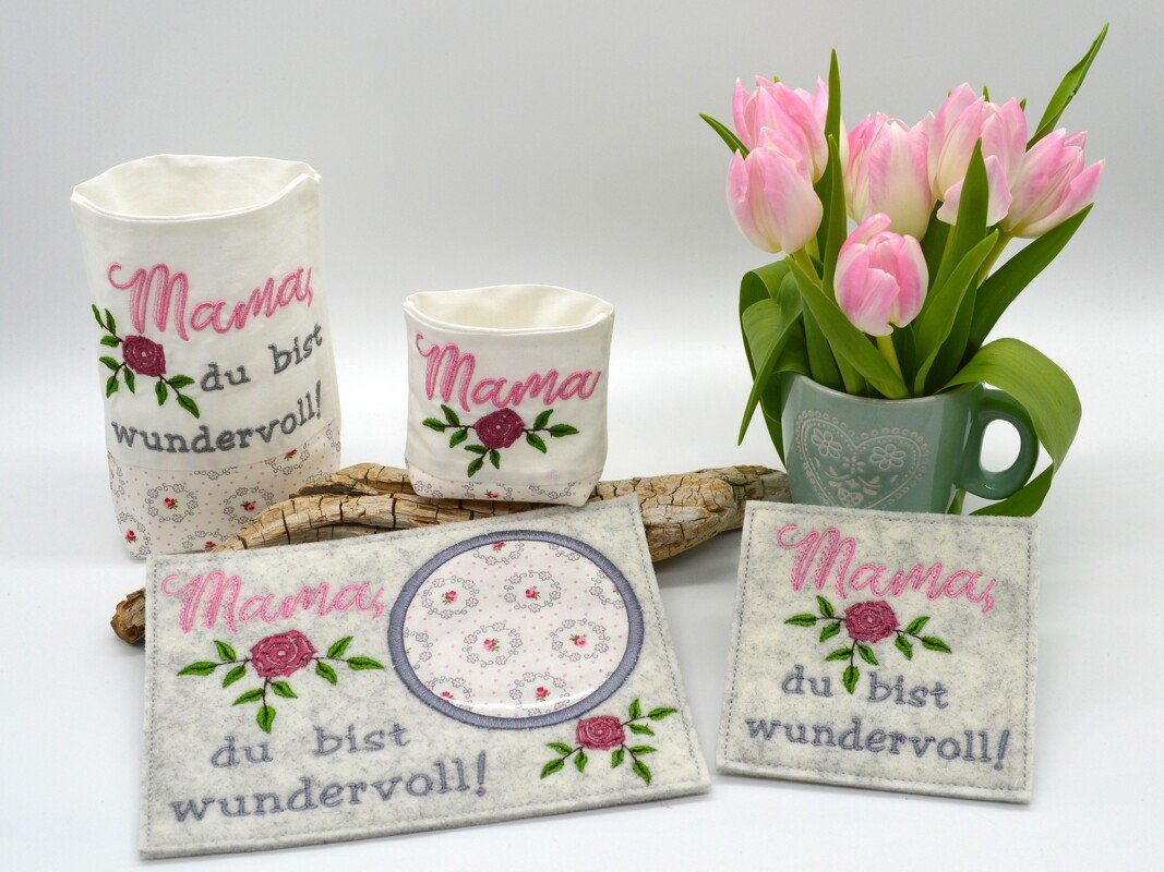 Stickdatei Muttertag SET Untersetzer Lichterbeutel Mama