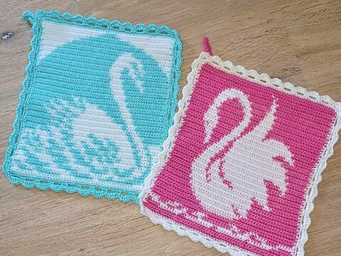 Häkelanleitung Topflappen " Ach du lieber Schwan " 2 Motive