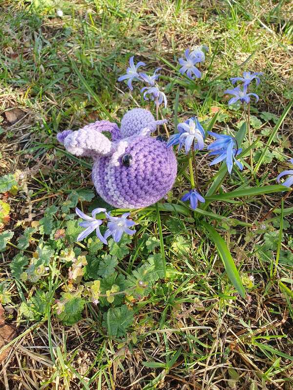 Kleines rundes Amigurumi-Tierchen in Lila liegt im Gras neben blauen Frühlingsblüten