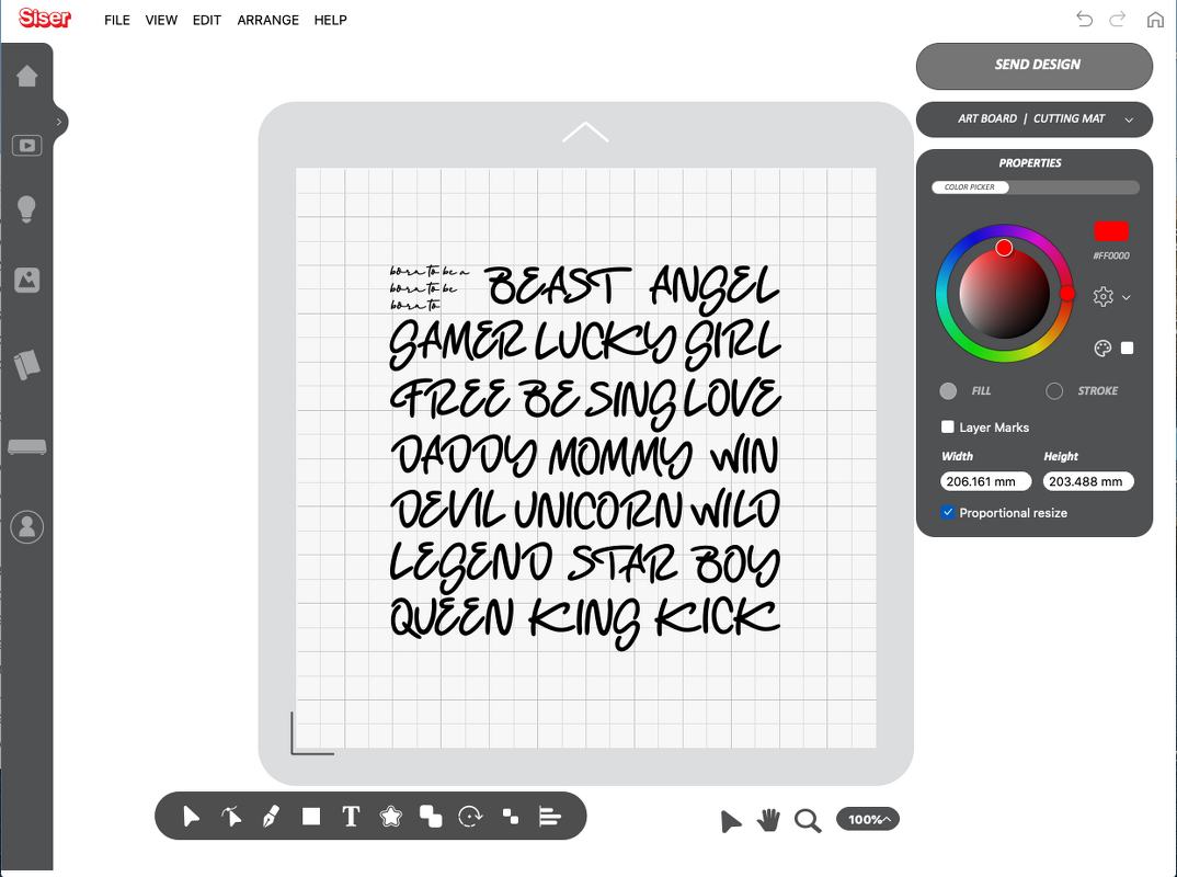 Plottersoftware-Ansicht mit englischen Schriftzügen in Schreibschrift auf Raster