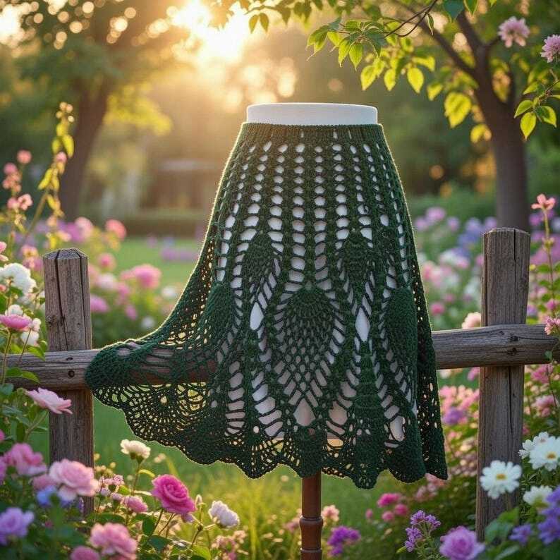 Dark green crochet kids' skirt with openwork lace pattern and scalloped hem on a display stand in a sunlit flower garden.
