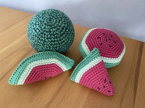 Wassermelone häkeln als ganze-, halbe Frucht, Scheibe & Stück für Kaufladen