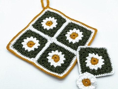 Häkelanleitung floraler Topflappen Daisylove aus Grannysquares