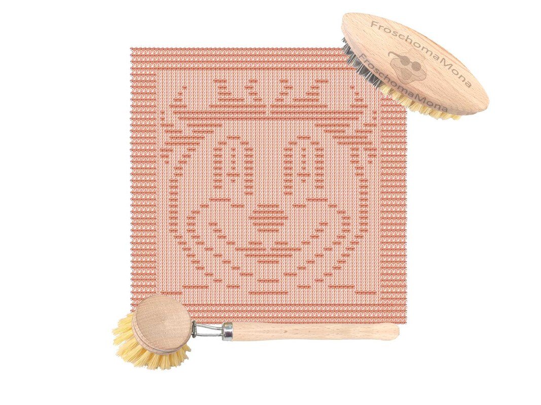 Roséfarbenes gestricktes Spültuch mit stilisiertem Katzenmuster und zwei Holzbürsten