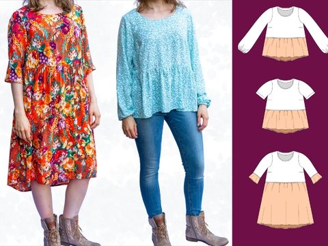 Marie weite Boho Bluse oder Kleid für Damen, 4 Ärmellängen BU 80-116, A4+A0