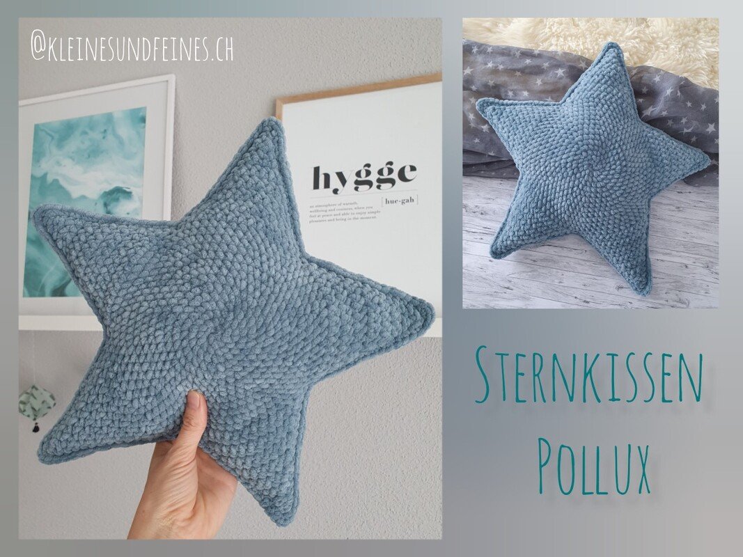 Front and top views of a blue crocheted five-point star cushion named Pollux