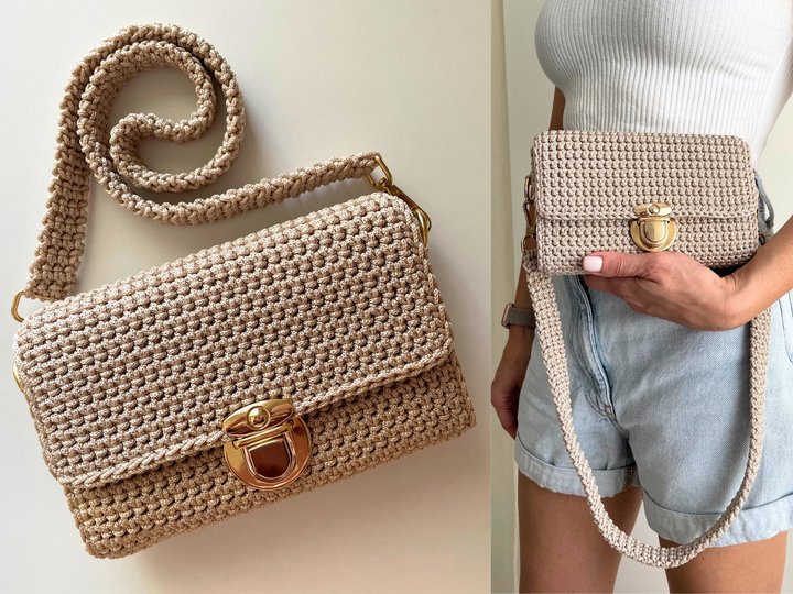 Crochet crossbody bag pattern woman tote bag aesthetic baguette clutch BAG3