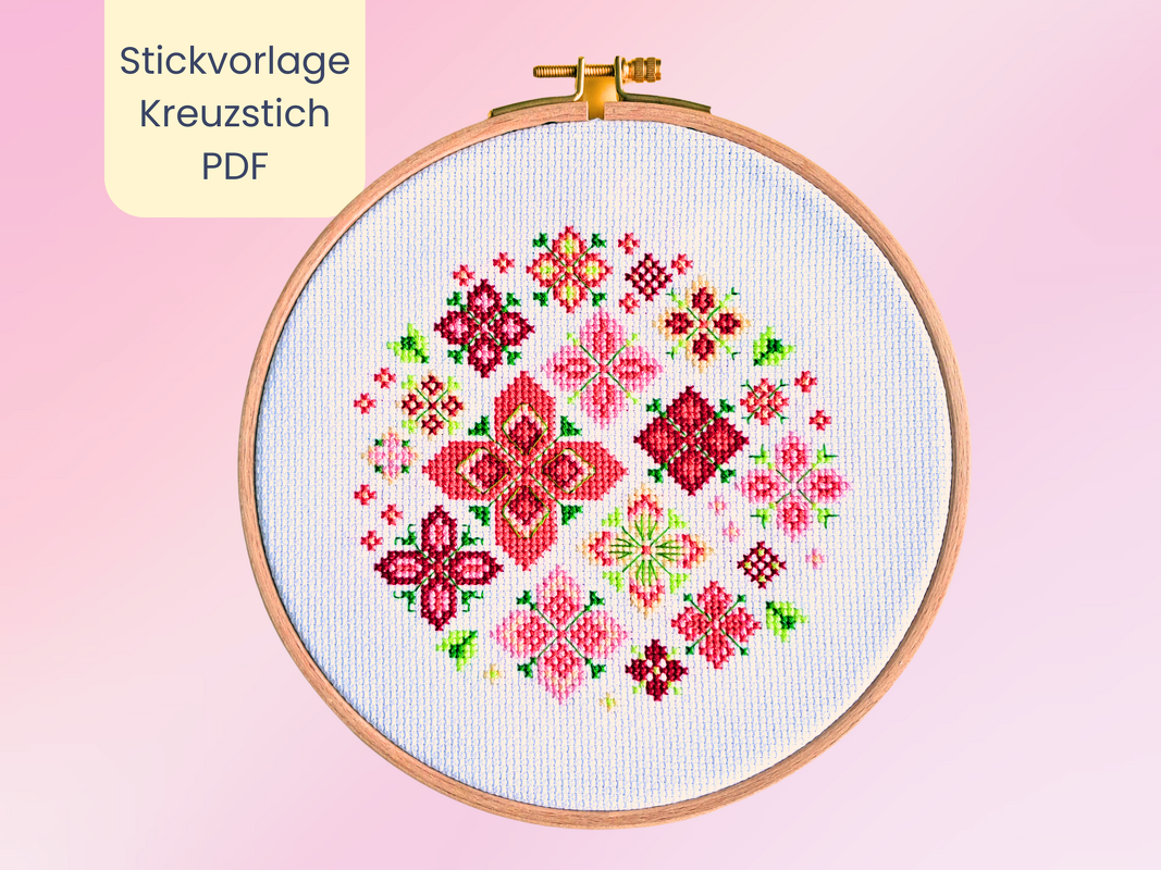 Stickvorlage "Blumenmix in Pink" für ein Bild im Kreuzstich