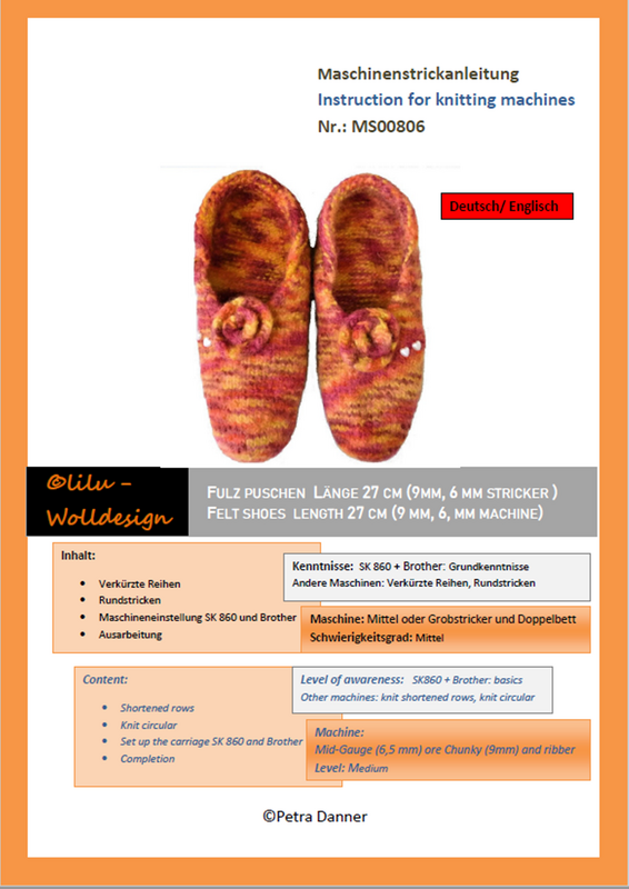 Knittingmachine: Felt shoes knitted on Machine with 9 or 6 mm, length 27 cm