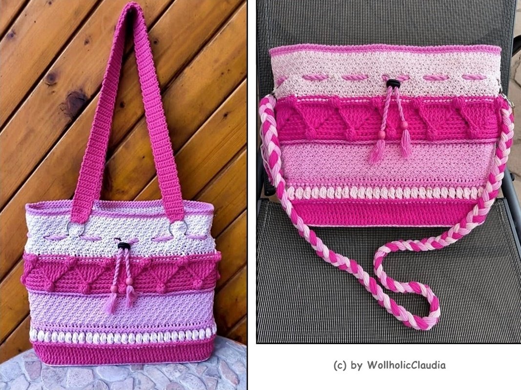 Gehäkelter Shopper in Pink- und Rosatönen mit weißen Details, Zopfmuster und zwei Tragevarianten
