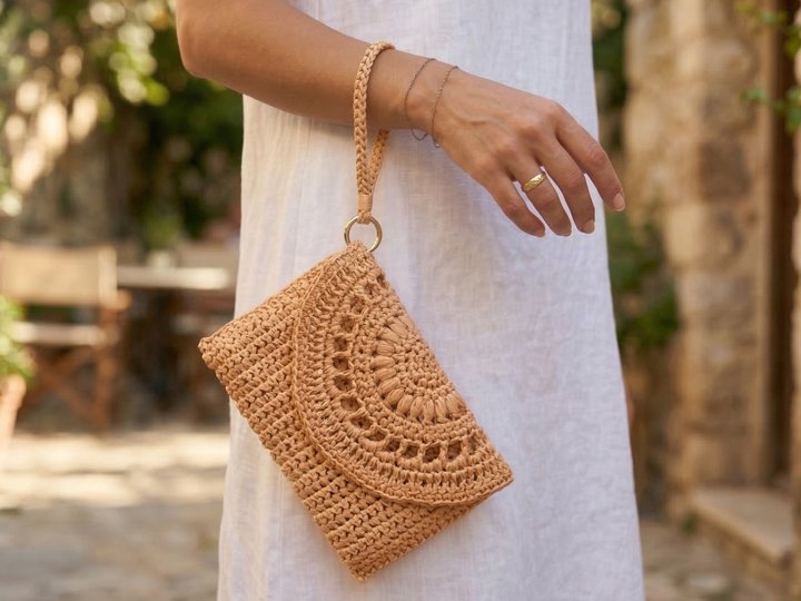 Сrochet clutch bag pattern, straw summer purse beach raffia minimalist bag6