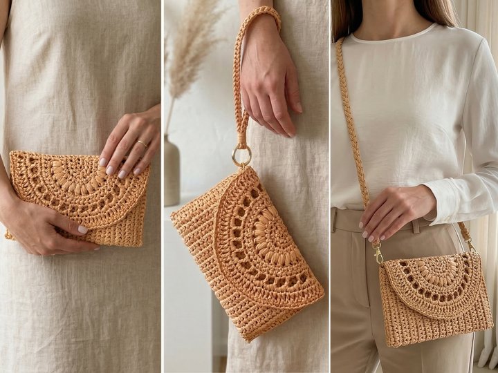 Сrochet clutch bag pattern, straw summer purse beach raffia minimalist bag6