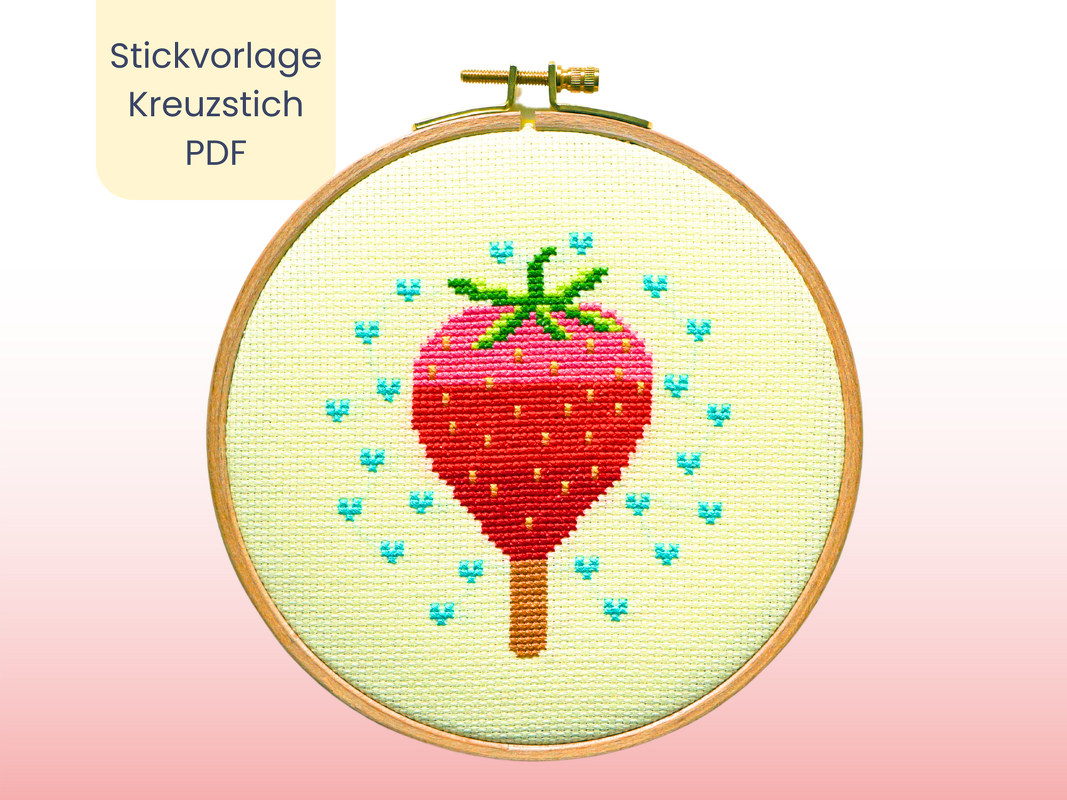 Stickvorlage "Erdbeereis" Stickbild im Kreuzstich