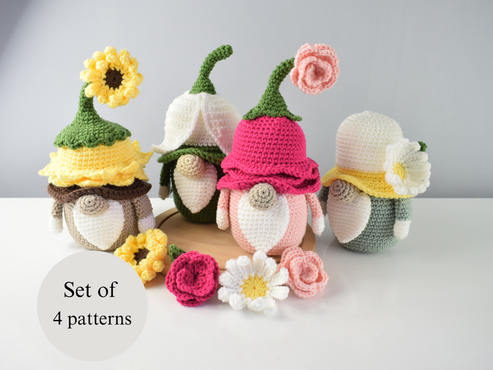 Crochet gnomes Bundle- 4 flower gnomes- Rose, Snowdrop, Sunflower and Daisy