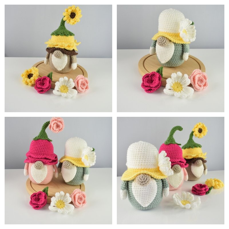 Crochet gnomes Bundle- 4 flower gnomes- Rose, Snowdrop, Sunflower and Daisy - Image 5