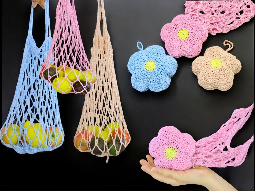 Flower Shopping Net with Storage Bag - Crochet Pattern