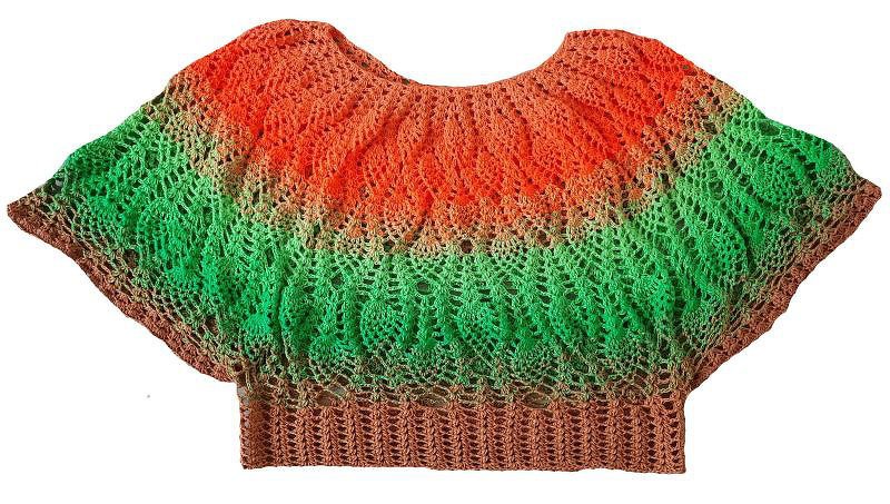 Gehäkeltes Damen-Top mit Farbverlauf in Orange, Grün und Braun und filigranem Lochmuster