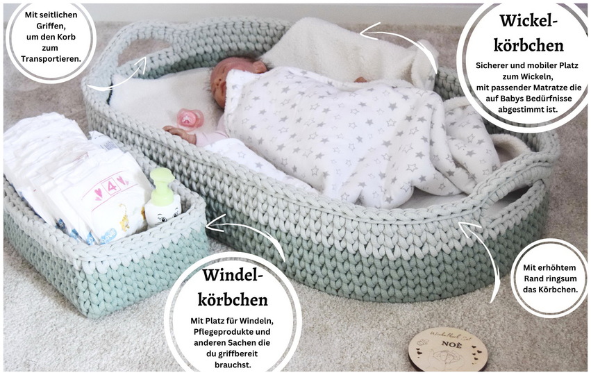 - NOÈ - Wickelkorb + Windelkorb häkeln, Set Baby, Geschenk, Geburt, Taufe