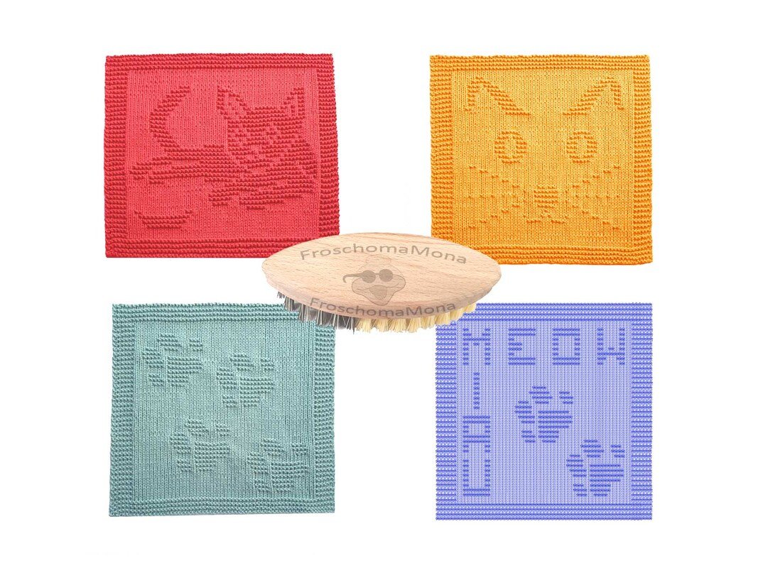 Sparset Katze Spültücher 4 Katzen Strickanleitungen im Set Pfotentuch Spüli - Bild 4