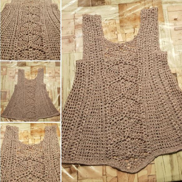 Beiges gehäkeltes Damen-Top mit zentralem Relief- und seitlichem Lochmuster, Nahaufnahme