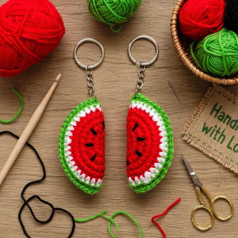 Two crocheted watermelon-slice keychains with yarn balls, wooden crochet hook, scissors and a woven tag on a wooden surface