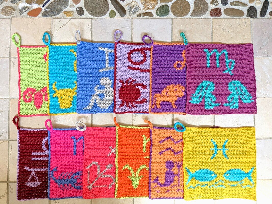 SET all 12 zodiac signs as cloth / potholders - crochet pattern