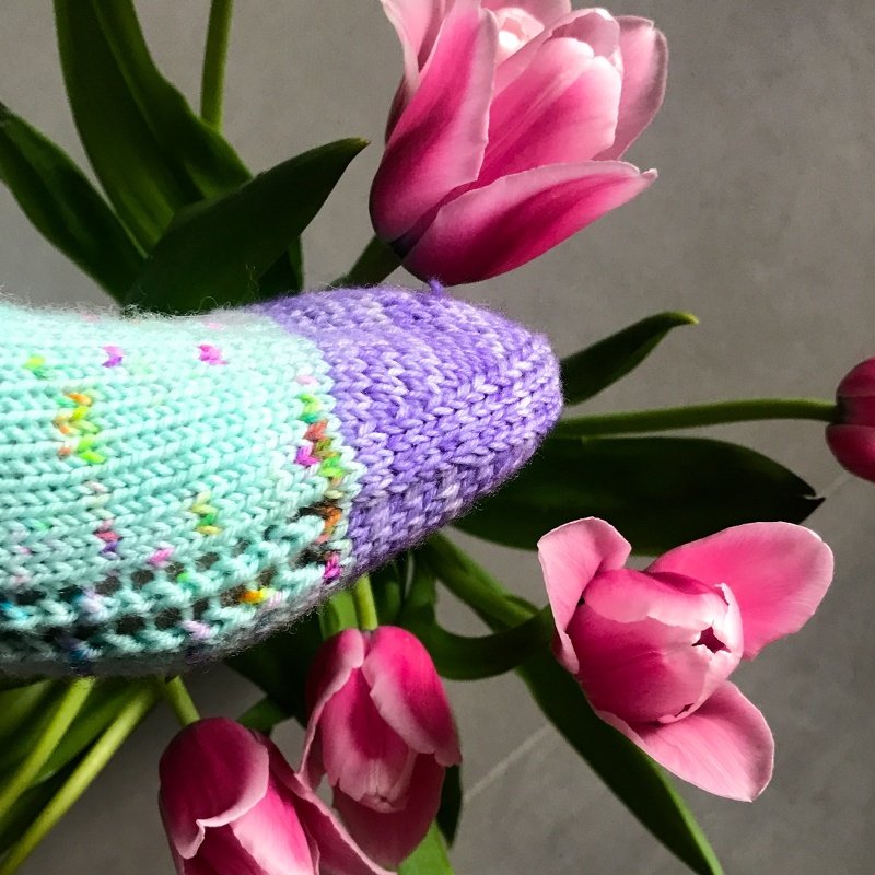 Gestrickte Sockenspitze in Lila und Mint mit bunten Sprenkeln vor pinken Tulpen