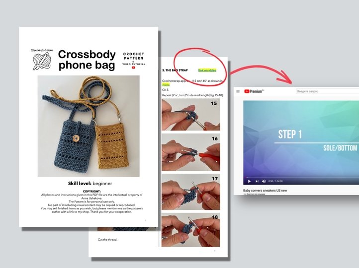 Crochet crossbody phone bag pattern, shoulder pouch, raffia mini purse bag1