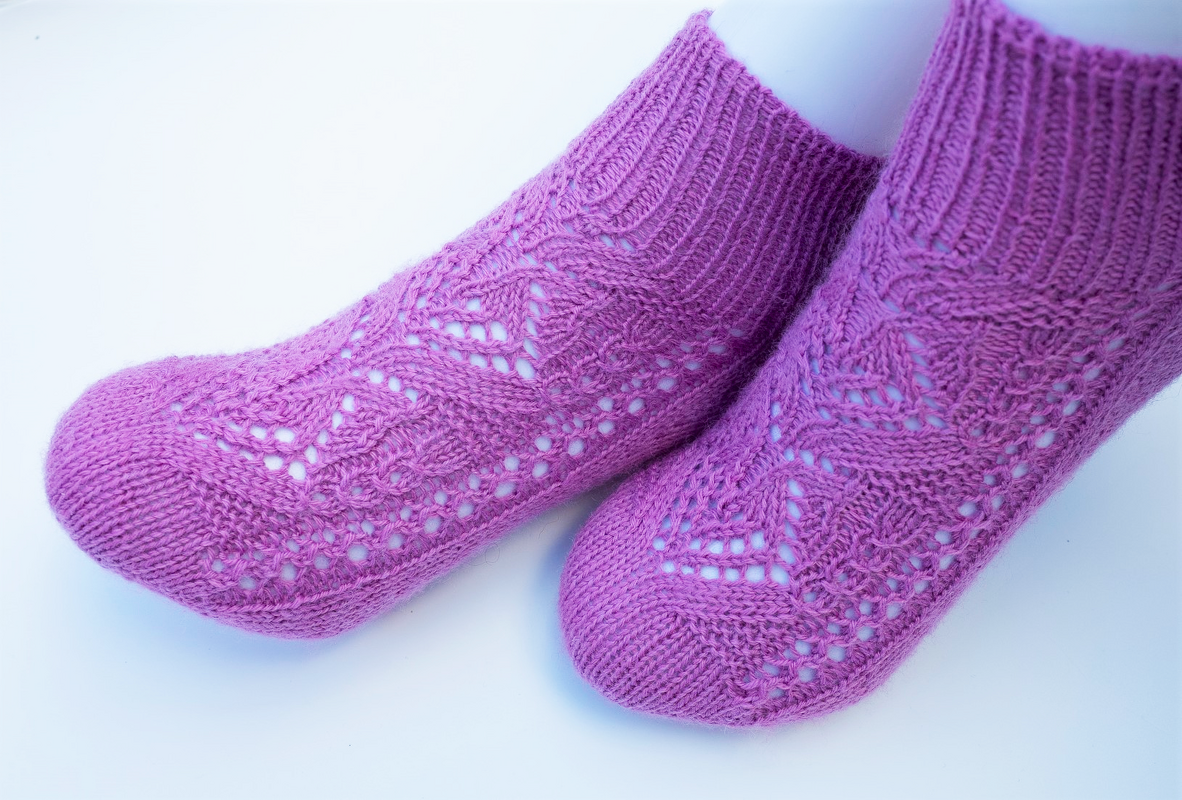Close-up of lace eyelets and textured stitches on pink knitted ankle socks displayed on mannequin feet