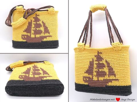 Häkelanleitung Tasche / Shopper mit Segelboot Motiv