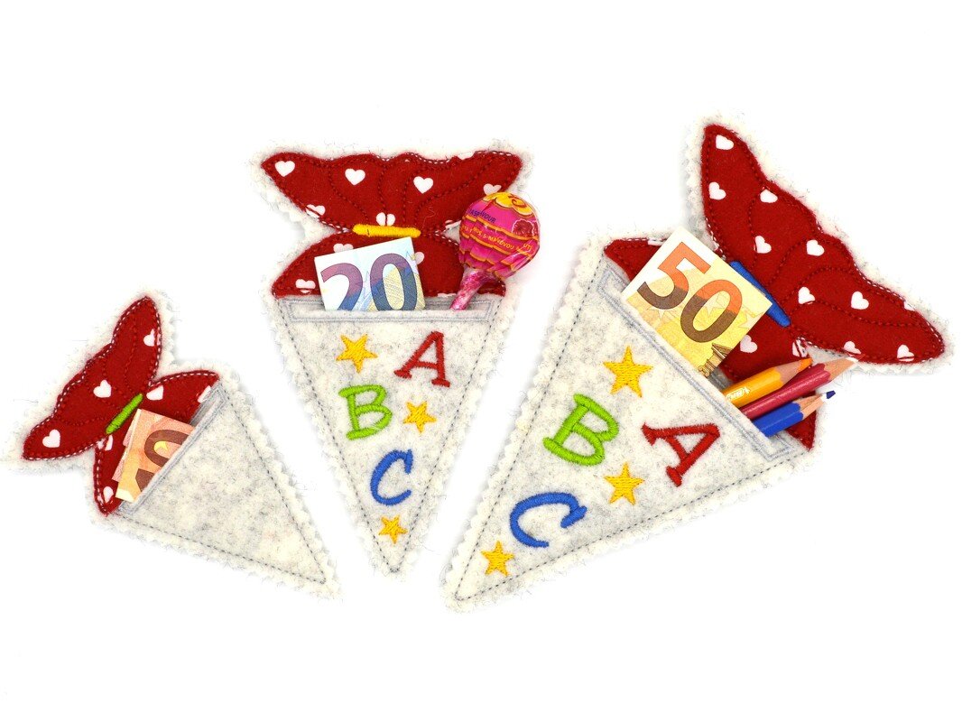 Stickdatei Schulanfang Schultüte mit Schlitz blanko und mit ABC