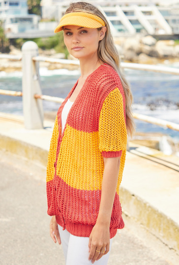 Kurzärmelige Jacke mit Blockstreifen in Rot und Gelb