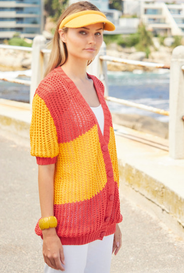 Kurzärmelige Jacke mit Blockstreifen in Rot und Gelb