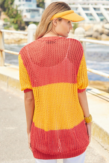Kurzärmelige Jacke mit Blockstreifen in Rot und Gelb