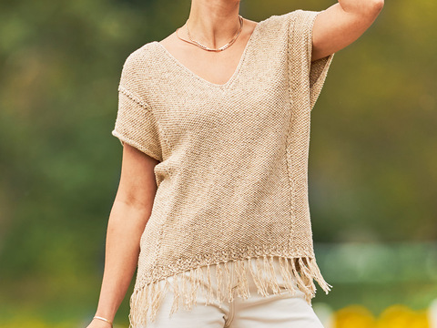 Beige-melierter Kurzarm-Strickpulli mit Fransen