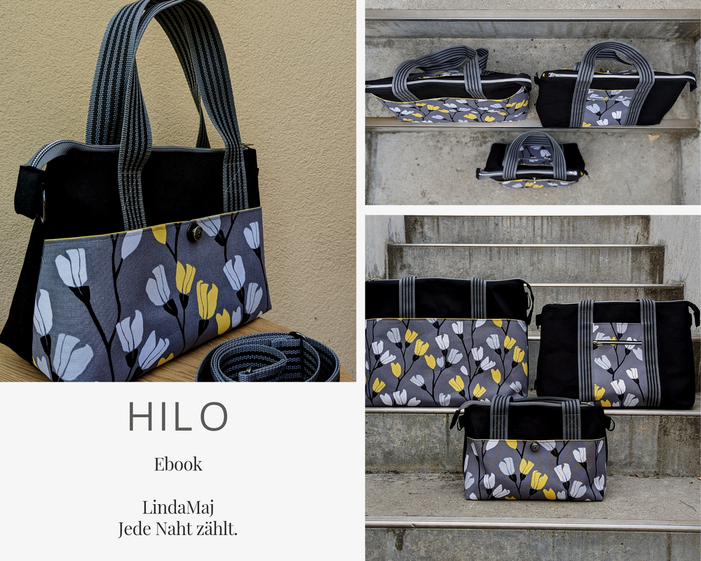 Drei Stofftaschen mit floralem Muster in Grau, Gelb und Weiß, schwarzem Grundstoff und gestreiften Henkeln, auf Treppen und einem Tisch arrangiert.