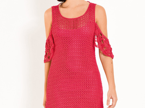 Gehäkeltes Kleid mit hinterem V-Ausschnitt und Volantärmeln.