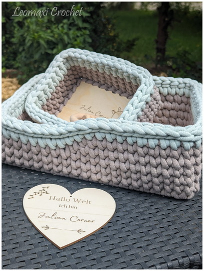 + JULIAN + Geschenkkorb Set häkeln, Häkelkörbe rechteckig mit erhöhten Rand