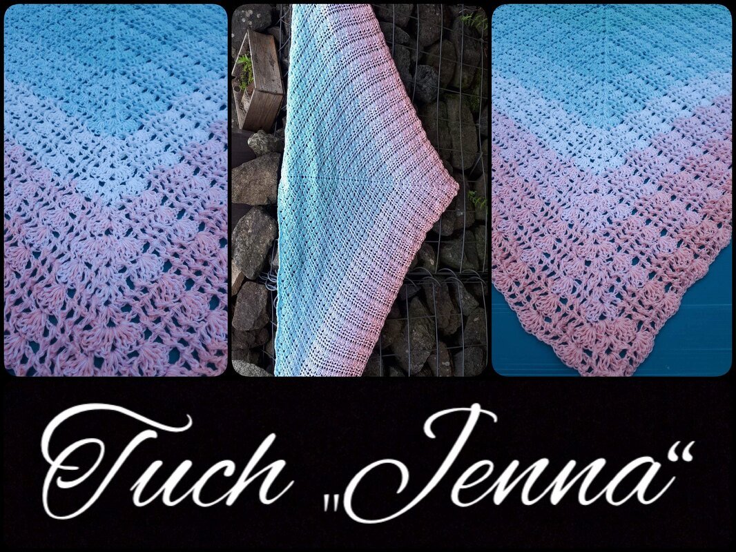 Dreiteilige Collage eines gehäkelten Dreieckstuchs mit blau-rosa Farbverlauf und Spitzensaum, Beschriftung 'Tuch "Jenna"'